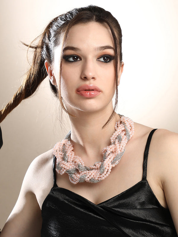 The Braided-Bead Statement Necklace - Baby Pink