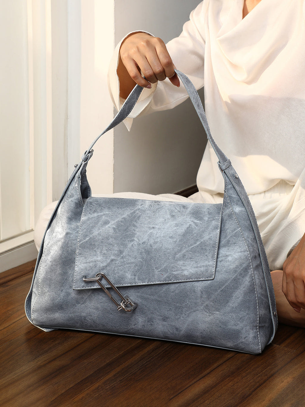 The Large Slant-Flap Hobo Bag - Icy Blue