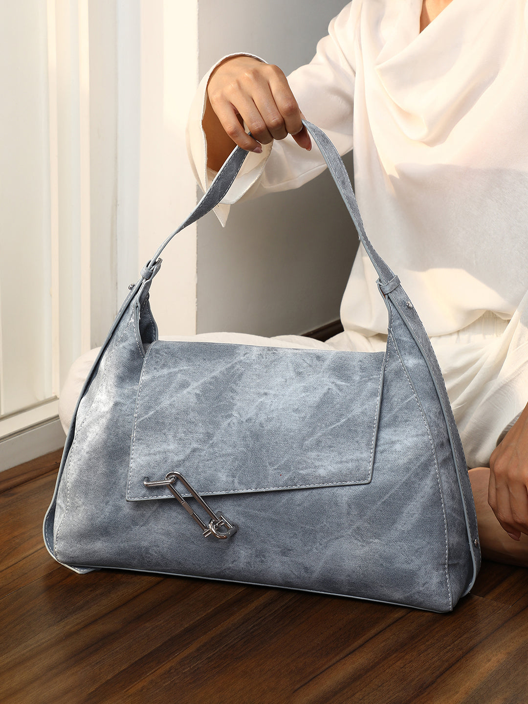 The Large Slant-Flap Hobo Bag - Icy Blue