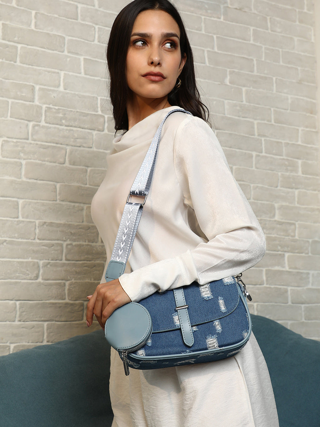The Denim-Structured Sling Bag With Pouch - Indigo Blue