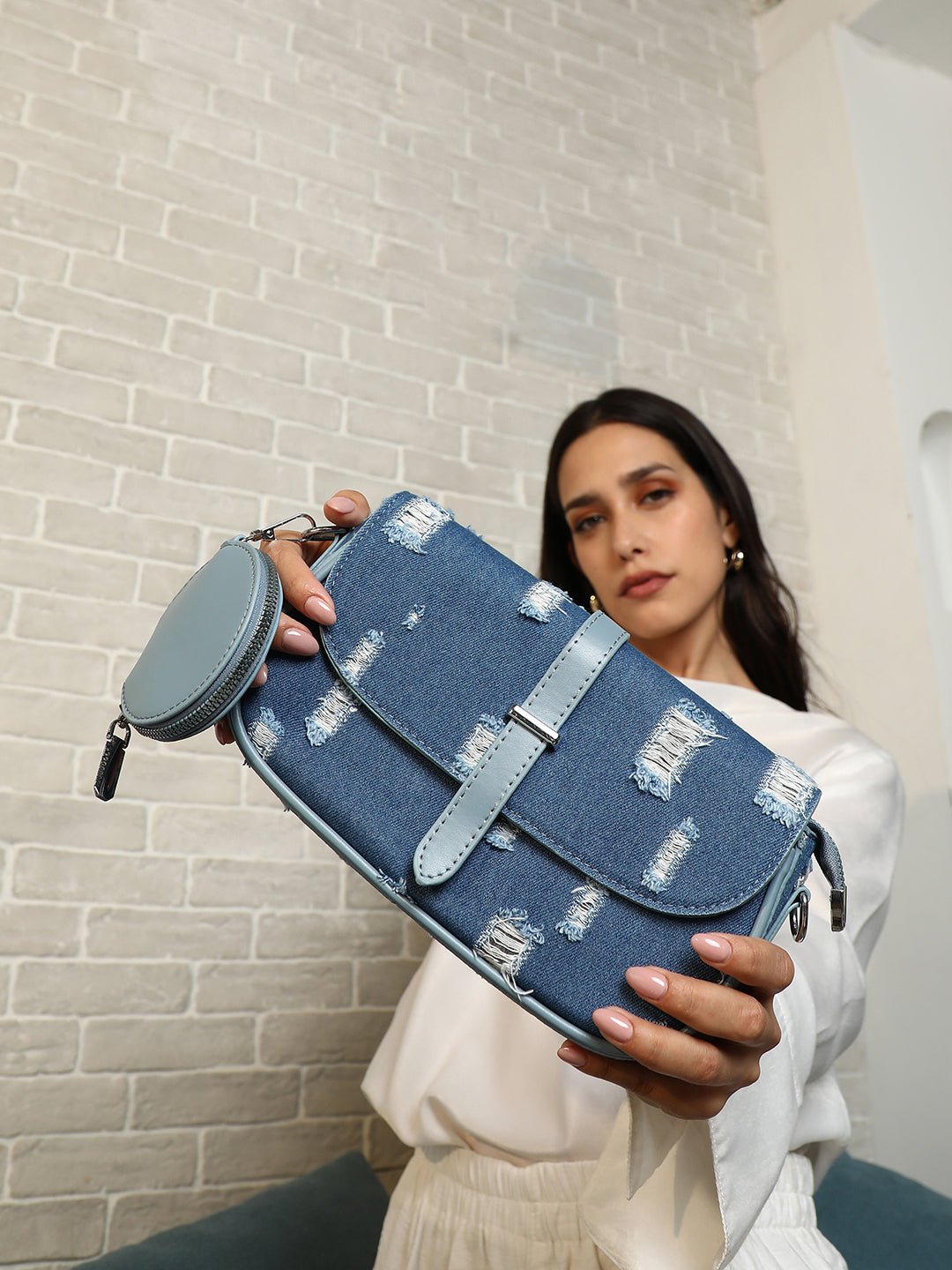 The Denim-Structured Sling Bag With Pouch - Indigo Blue