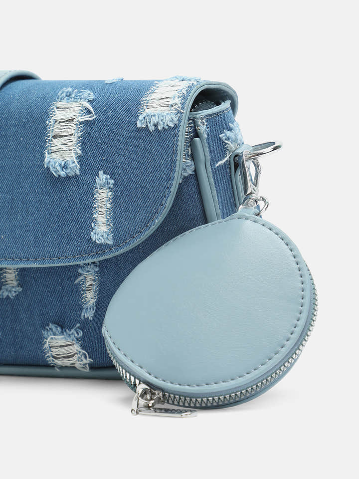 The Denim-Structured Sling Bag With Pouch - Indigo Blue