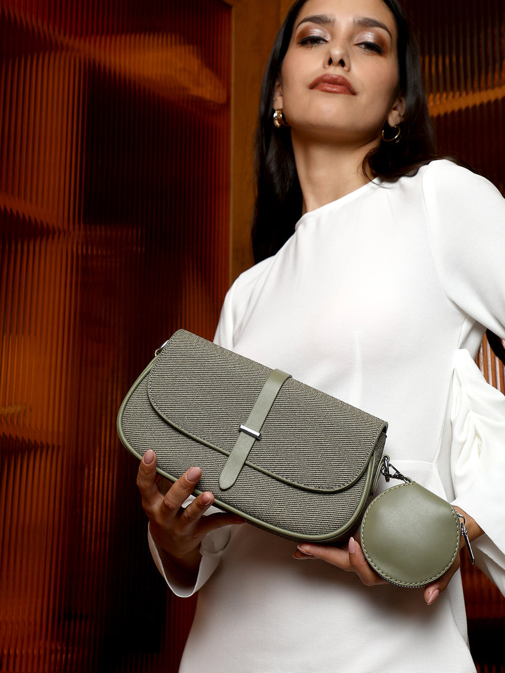 The Ribbed-Structured Sling Bag With Pouch - Olive Green