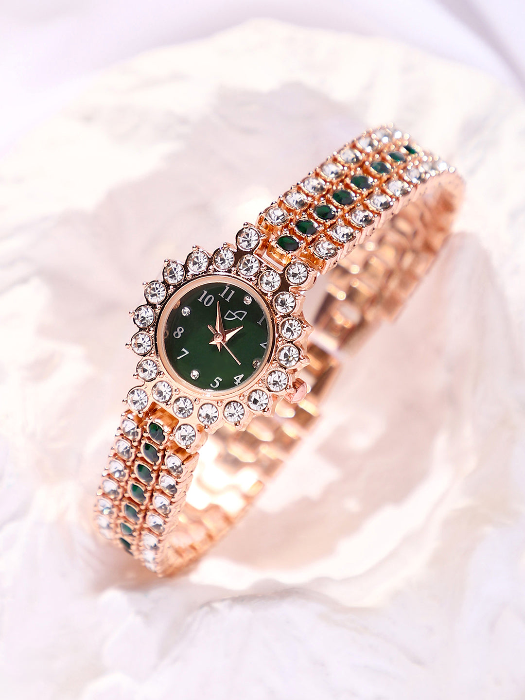 Sophisticated Gold and Green Watch for Women styled for Casual and Semi-Formal Occasions.