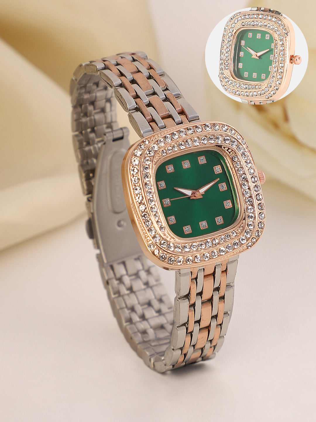 Haute Sauce HSWC1316 Jolie Vortex Square Watch for Women with Emerald Green Dial and Silver & Rose Gold Strap.