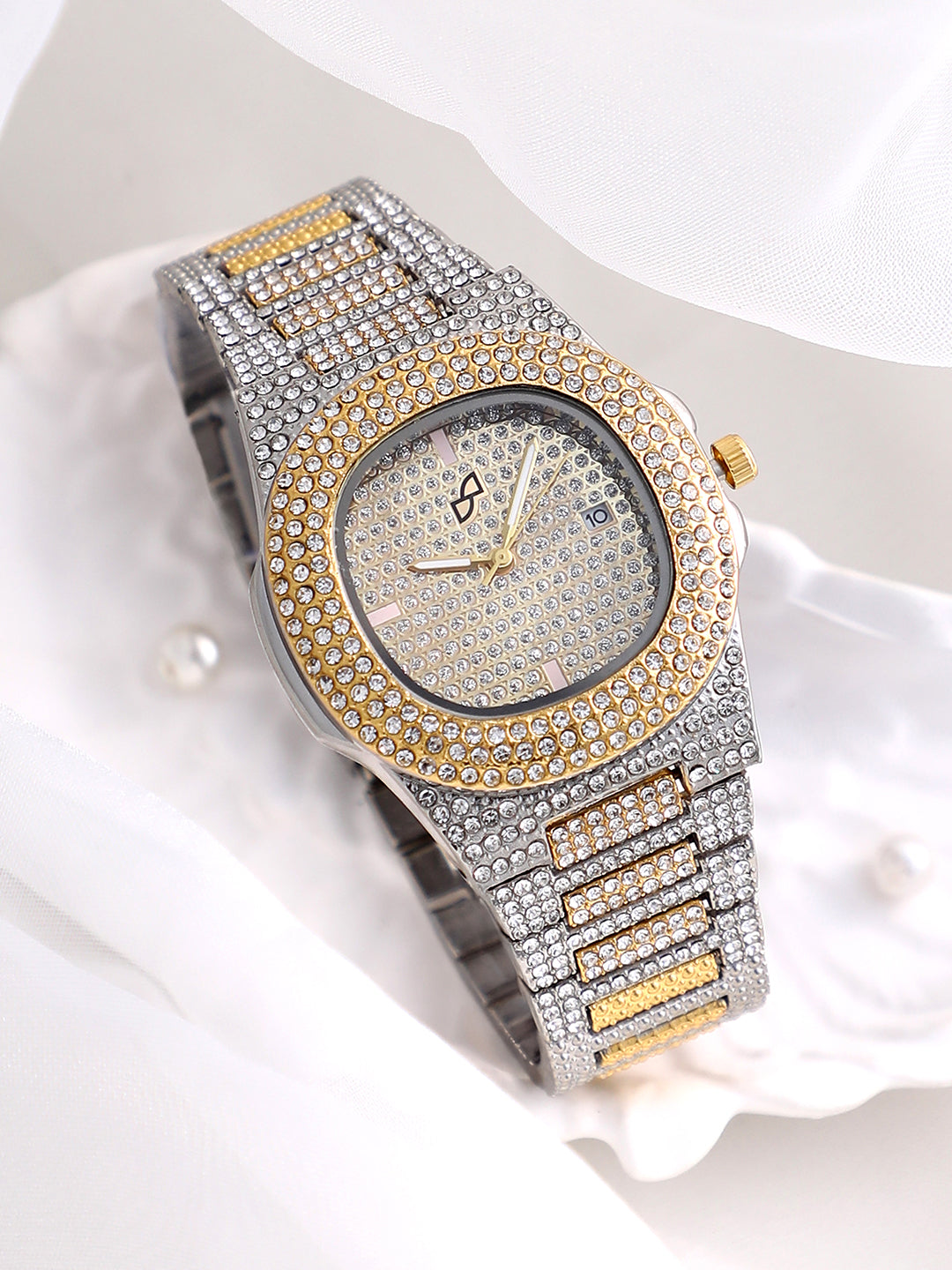 Haute Sauce HSWC1093 Aura Gold Watch for Women with Stone-Studded Round Dial and Bracelet Strap
