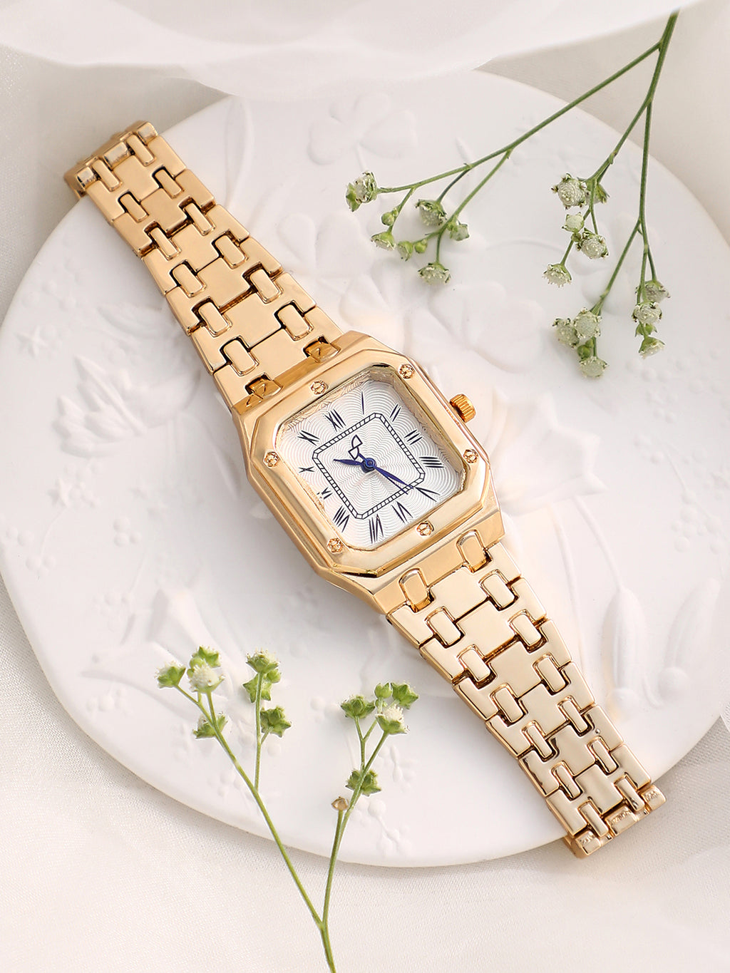 Haute Sauce HSWC1354 Torque Roman Square Watch for Women in California Gold with Ivory White Dial.