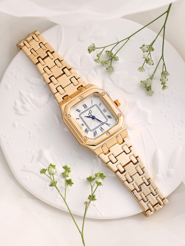 Haute Sauce HSWC1354 Torque Roman Square Watch for Women in California Gold with Ivory White Dial.