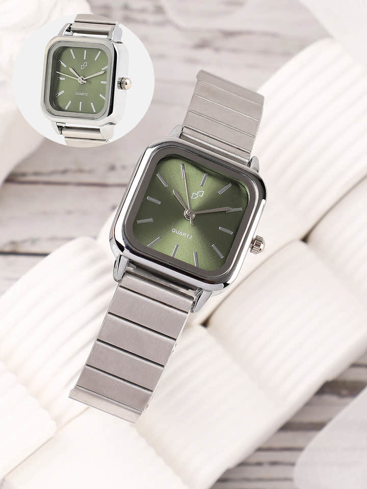Haute Sauce HSWC1267 Downtown Chain Square Watch for Women with Olive Green Dial and Silver Strap