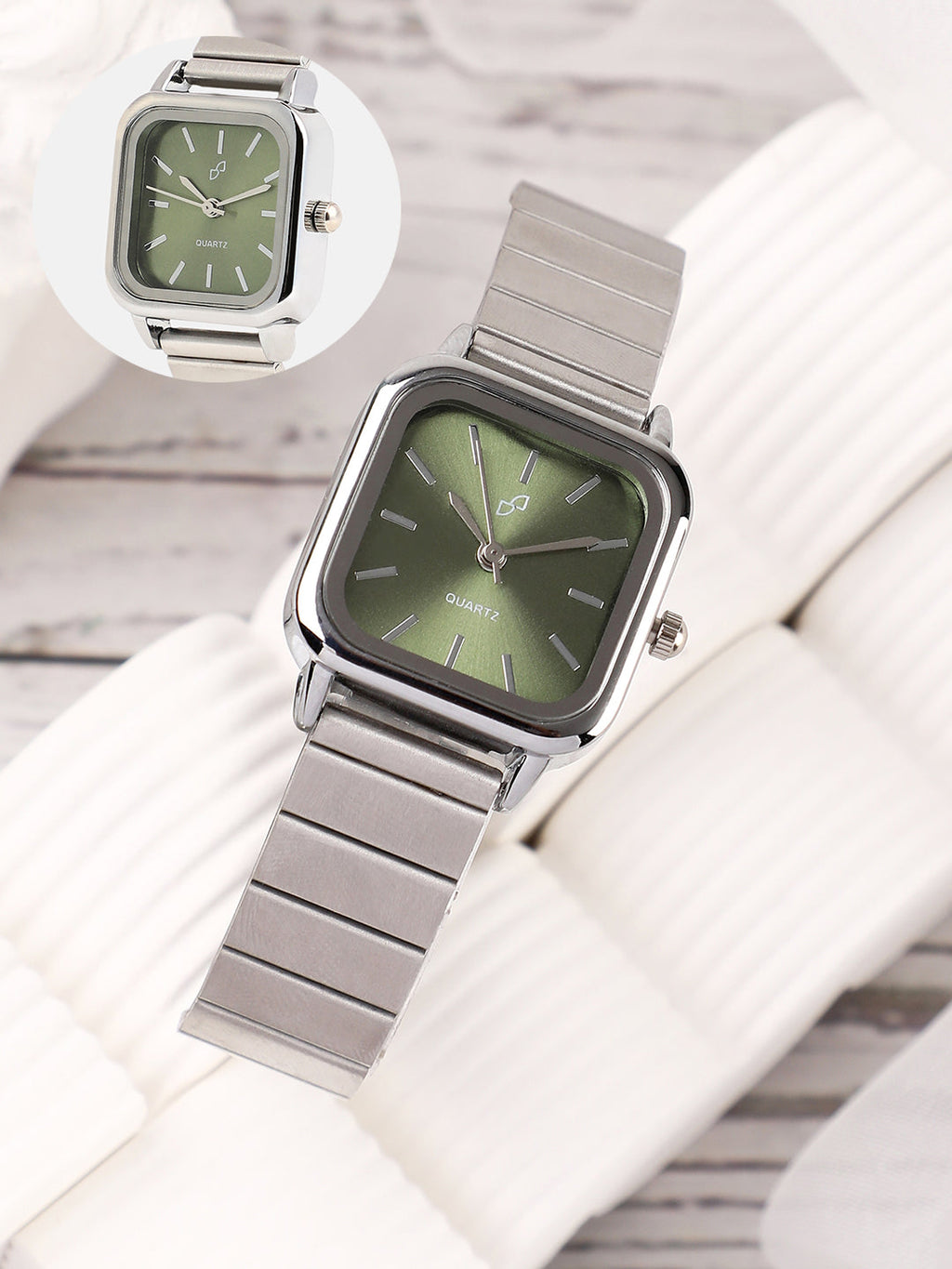 Haute Sauce HSWC1267 Downtown Chain Square Watch for Women with Olive Green Dial and Silver Strap
