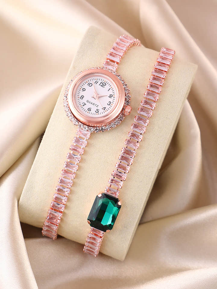 Haute Sauce HSWC6030 Crystalized Wrap Round Watch for Women in Rose Gold with Emerald Green Stone Accents