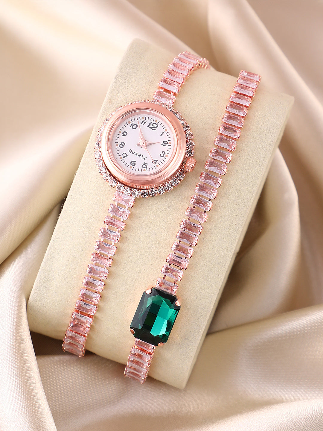 Haute Sauce HSWC6030 Crystalized Wrap Round Watch for Women in Rose Gold with Emerald Green Stone Accents
