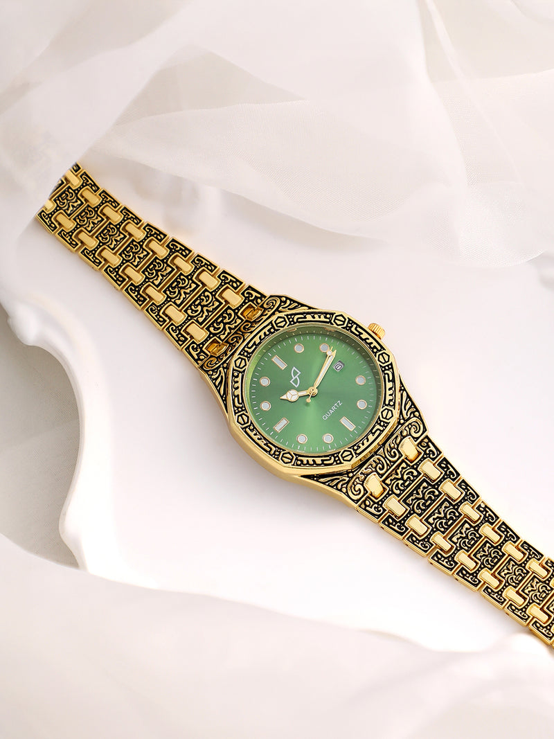 Haute Sauce HSWC1251 Grecian Embossed Round Watch for Women with Emerald Green Dial and California Gold Strap.