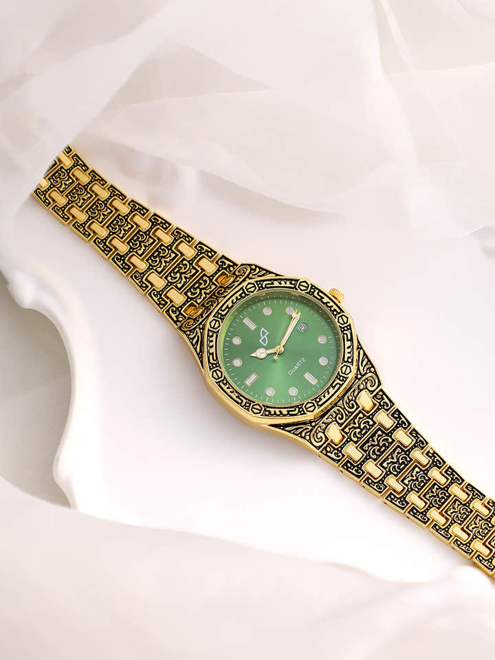 Haute Sauce HSWC1251 Grecian Embossed Round Watch for Women with Emerald Green Dial and California Gold Strap.