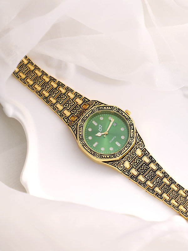 Haute Sauce HSWC1251 Grecian Embossed Round Watch for Women with Emerald Green Dial and California Gold Strap.