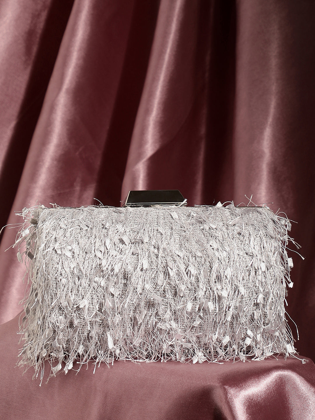 Silver Textured Fringe Clutch