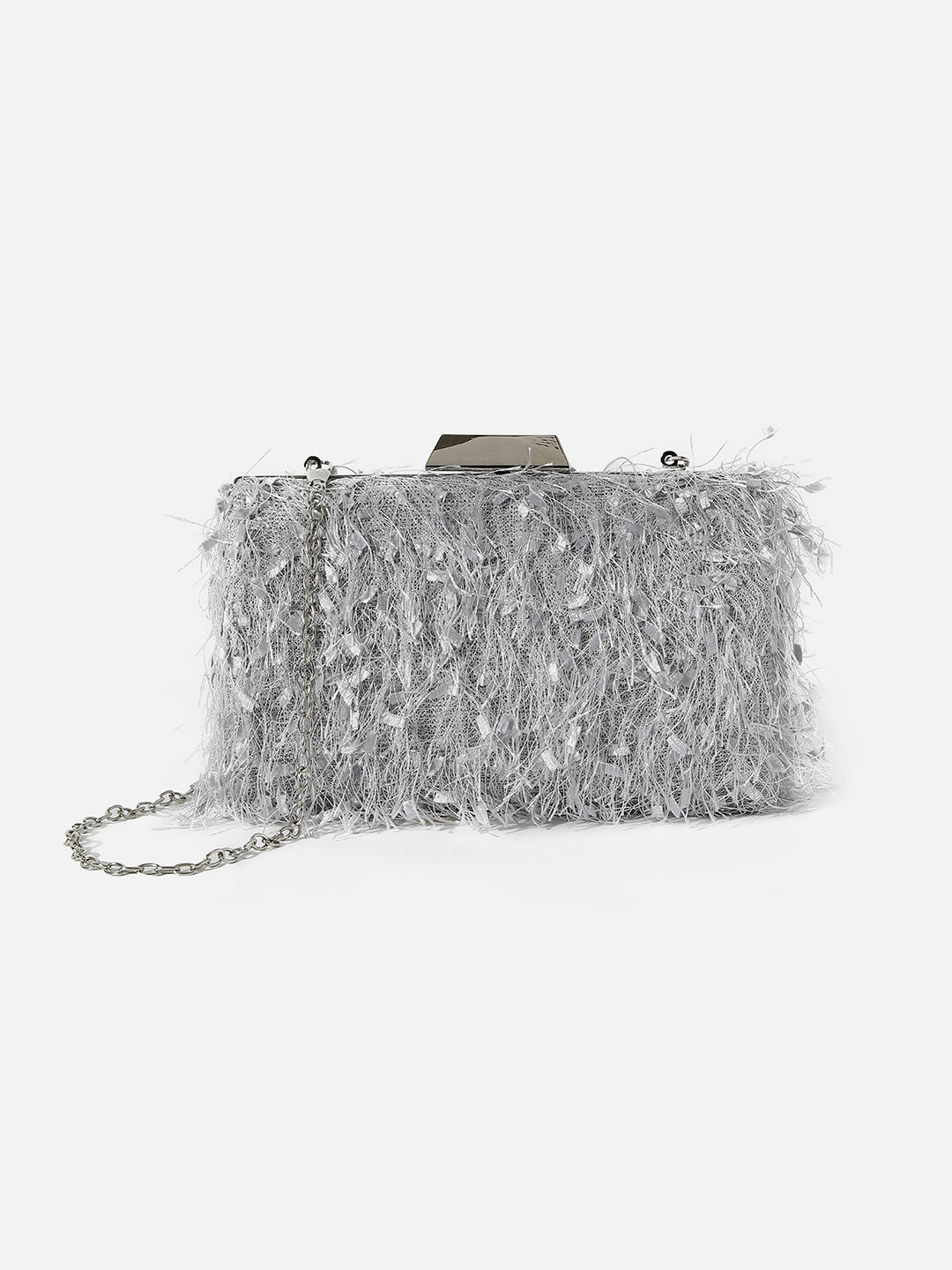 Silver Textured Fringe Clutch