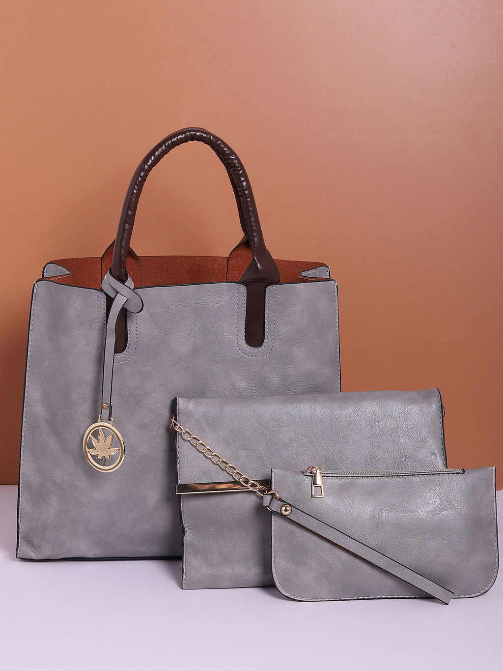 Melinda Grey Tote Bag With Pouch Set