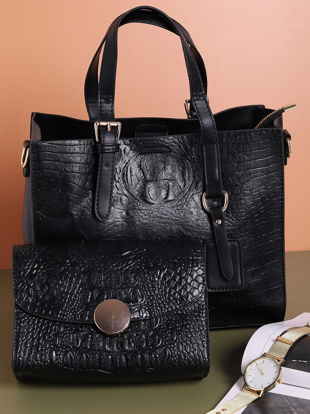 Phantom Black Handbag With Pouch Set
