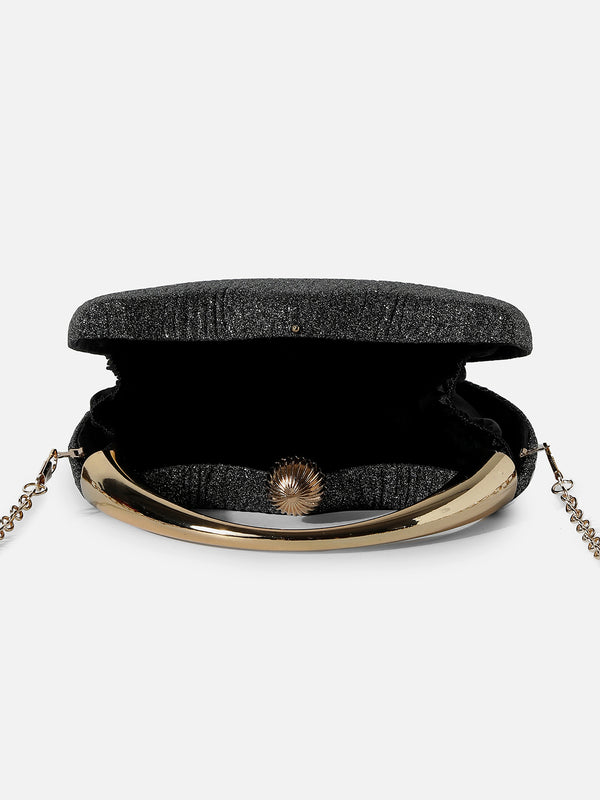 BLACK TEXTURED VEGAN LEATHER HAND BAG