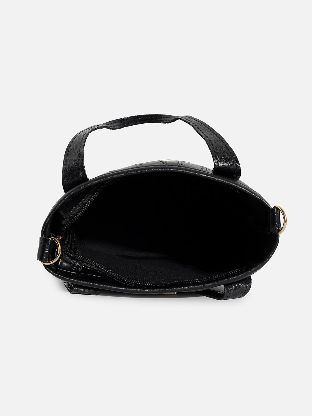 BLACK TEXTURED VEGAN LEATHER HAND BAG