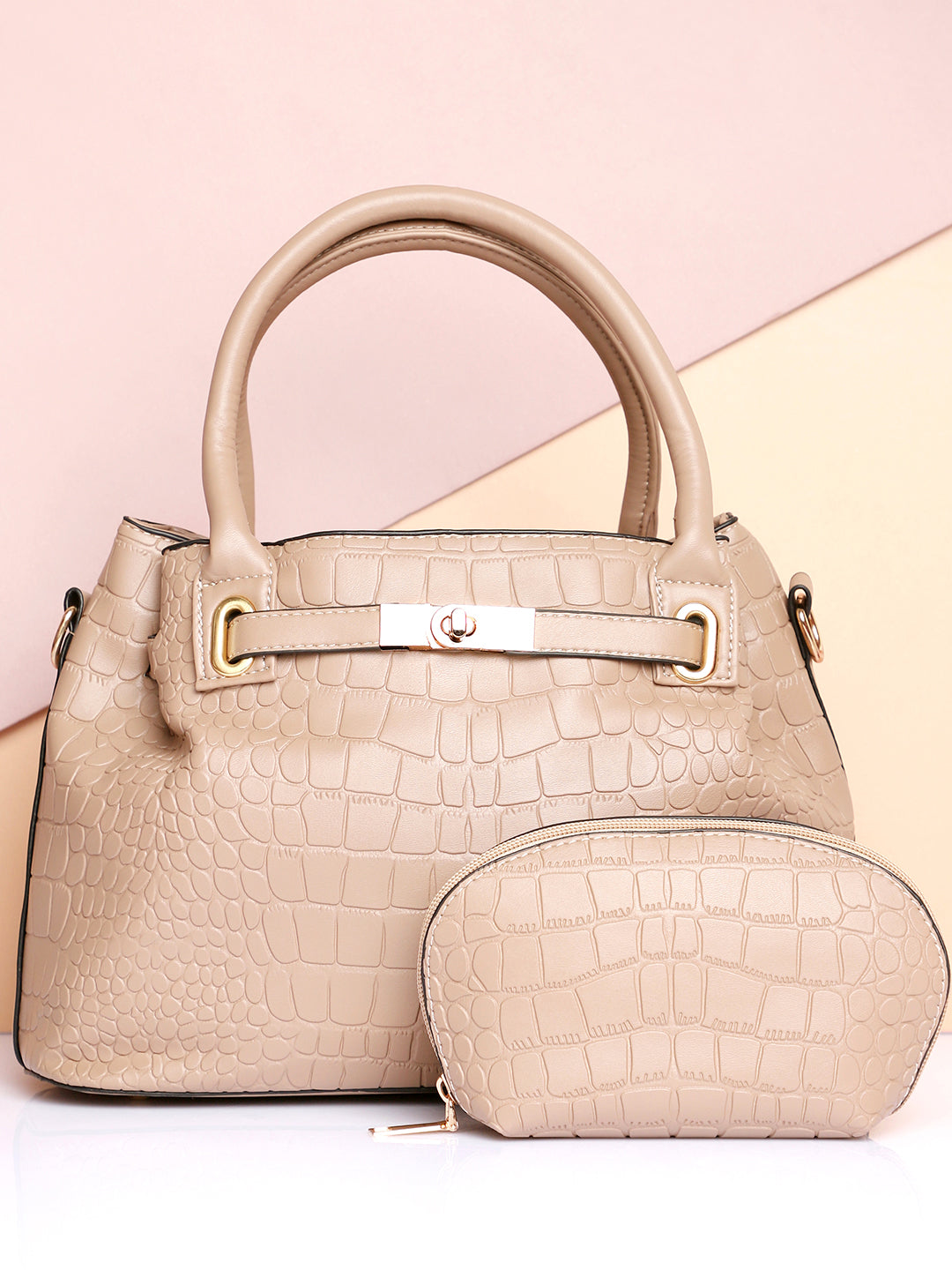 Evelyn Beige HandBag With Pouch Set
