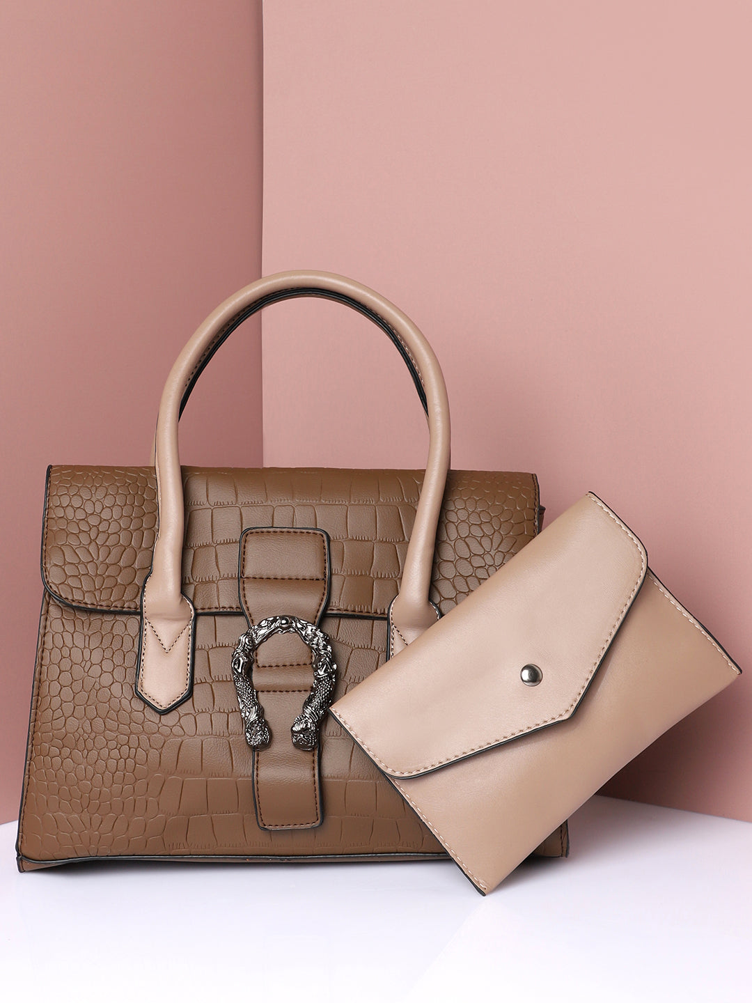 Leather Brown Luster Tote Bag With Pouch Set