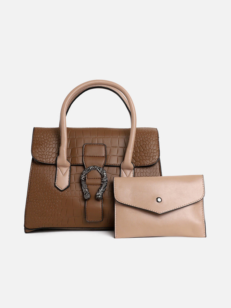 Leather Brown Luster Tote Bag With Pouch Set