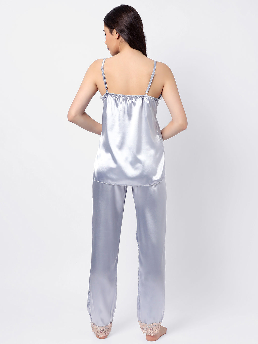 Solid 2 Tops, Dress, Pyjama & Coat Satin Night Wear Set