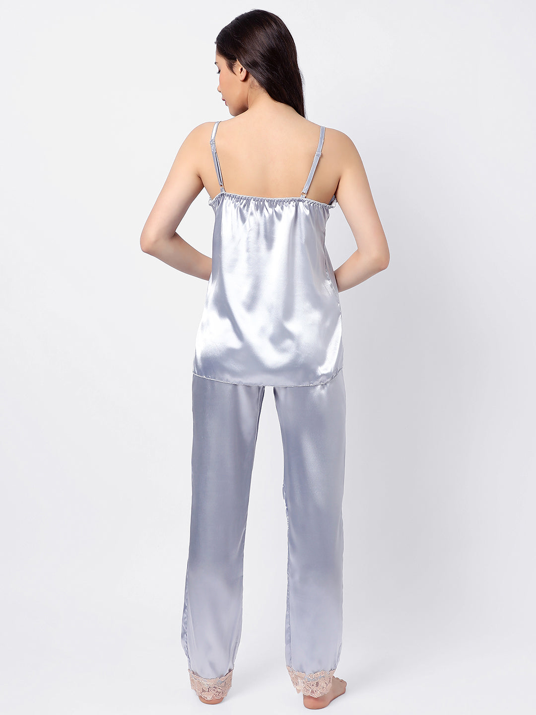 Solid 2 Tops, Dress, Pyjama & Coat Satin Night Wear Set