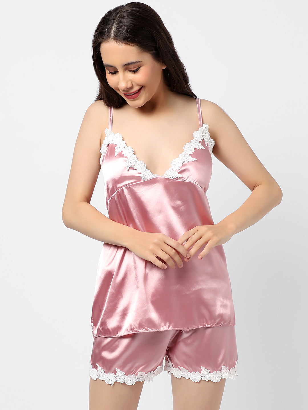 Solid Crop Top & Short Satin Night Wear Set