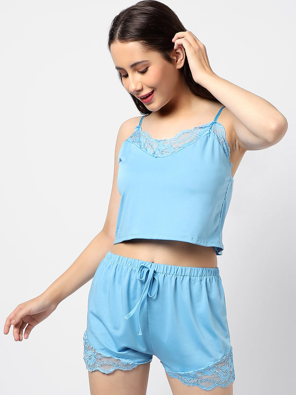 Solid Crop Top & Short Satin Night Wear Set