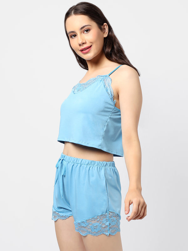 Solid Crop Top & Short Satin Night Wear Set
