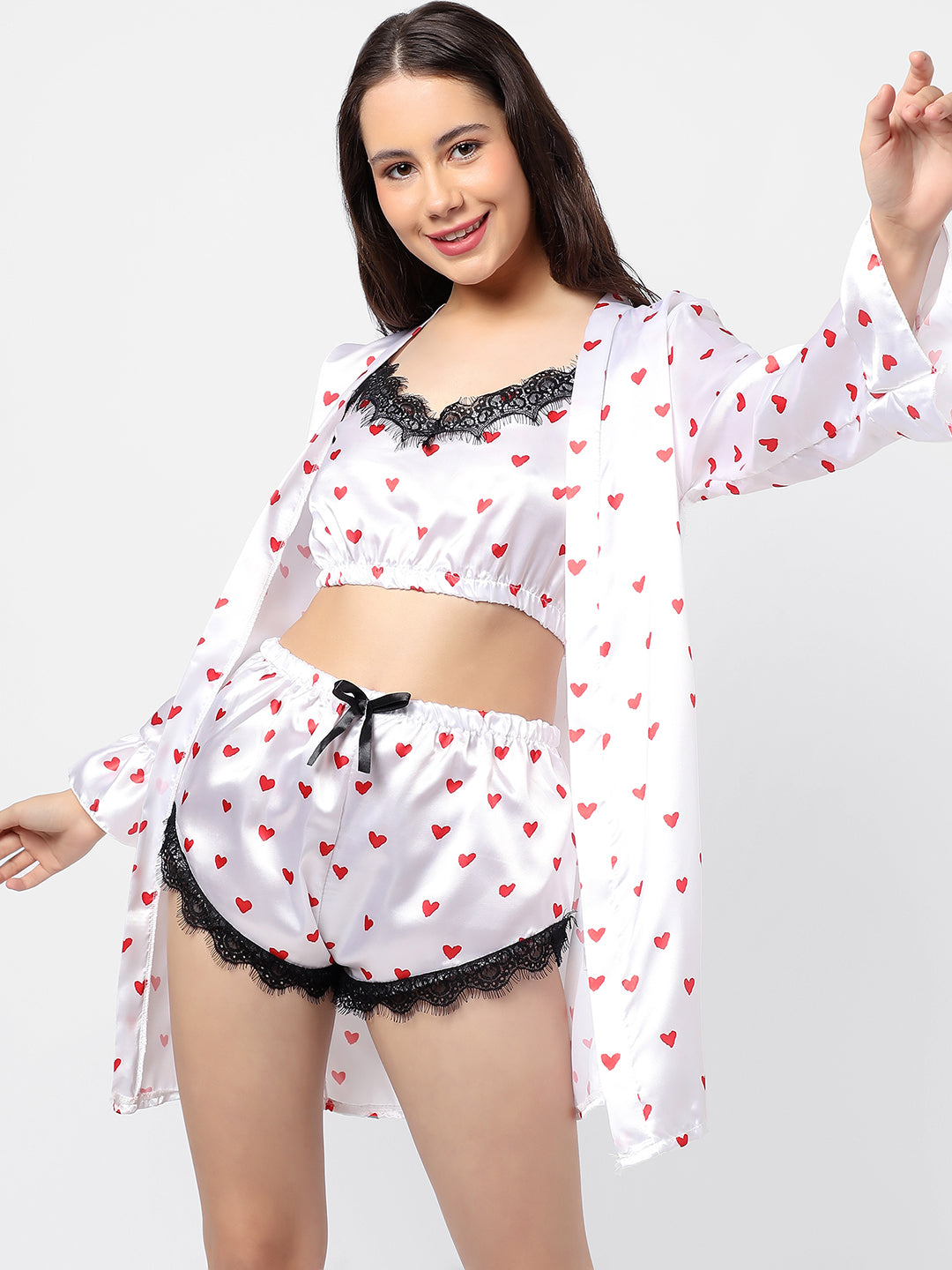 Polka Dots Crop Top, Short & Coat Satin Night Wear Set