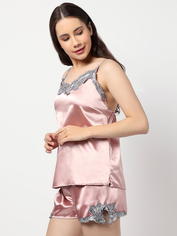 Solid Top & Short Satin Night Wear Set