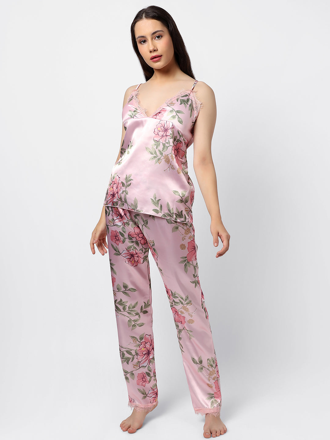 Floral Print 2 Tops, Dress, Pyjama & Coat Satin Night Wear Set