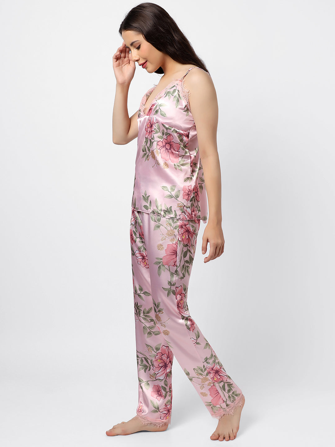 Floral Print 2 Tops, Dress, Pyjama & Coat Satin Night Wear Set