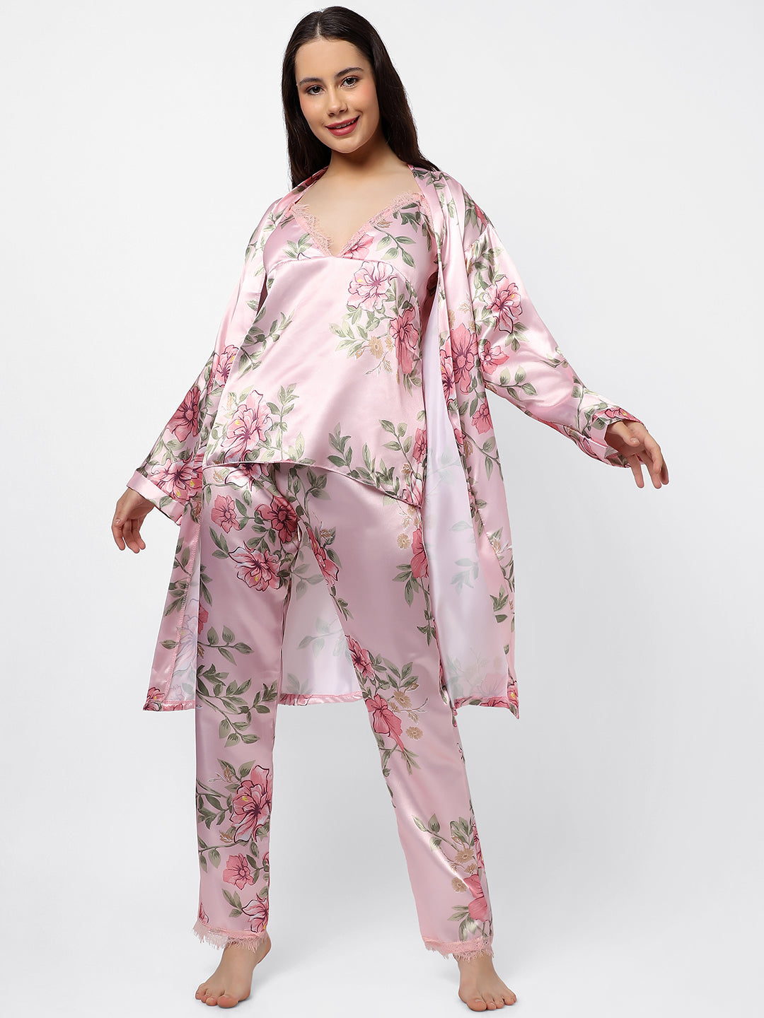 Floral Print 2 Tops, Dress, Pyjama & Coat Satin Night Wear Set
