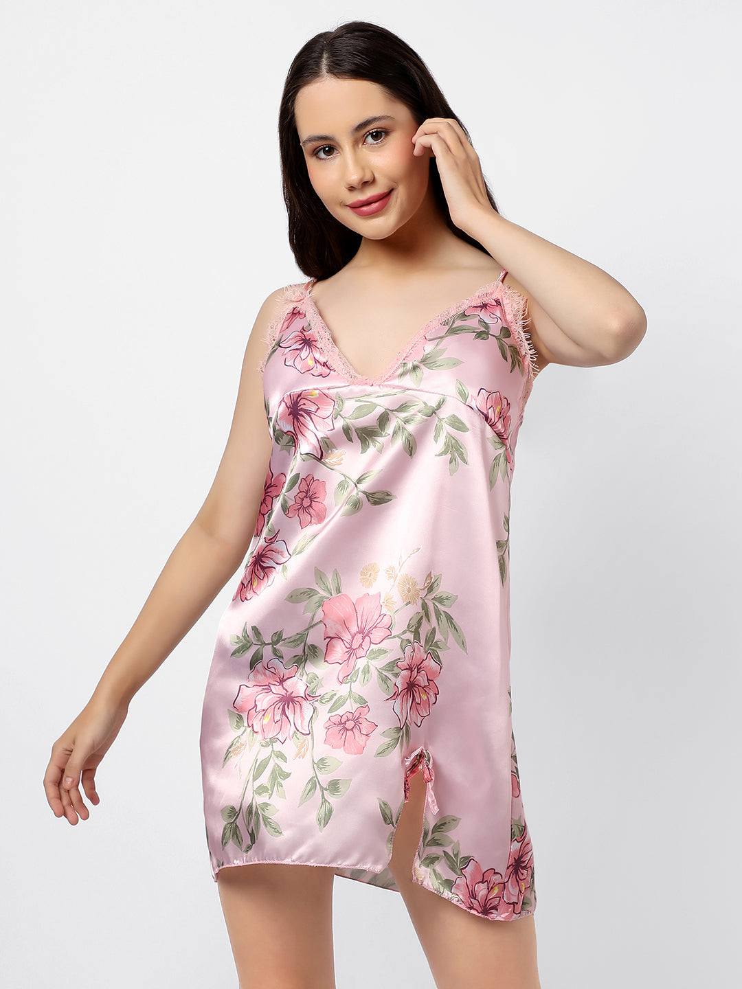 Floral Print 2 Tops, Dress, Pyjama & Coat Satin Night Wear Set