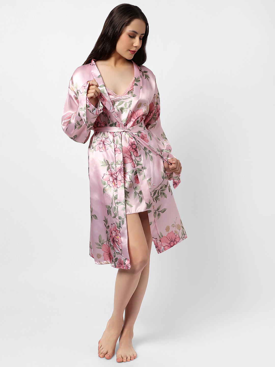 Floral Print 2 Tops, Dress, Pyjama & Coat Satin Night Wear Set