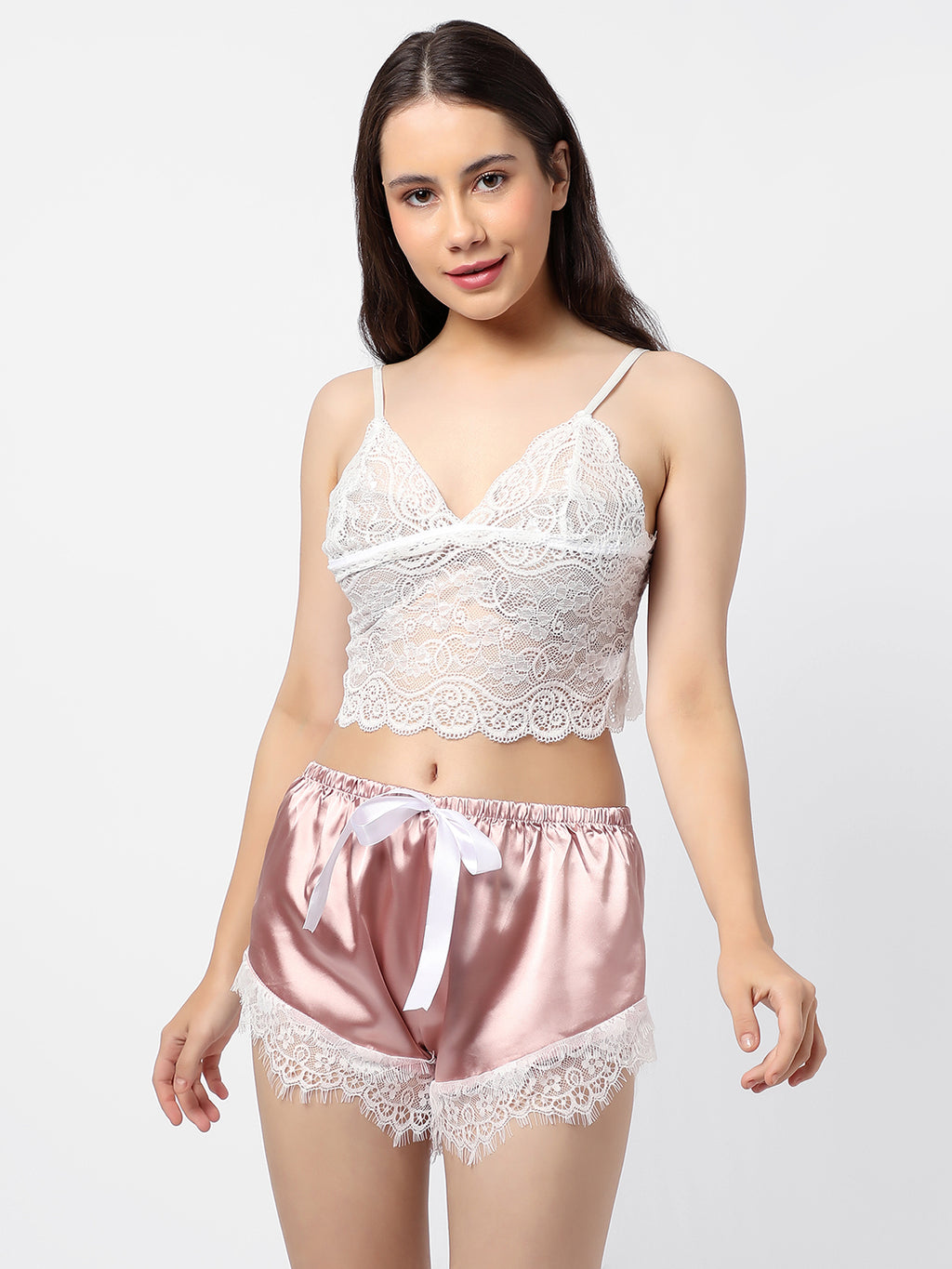 Solid Crop Top, Short & Coat Satin Night Wear Set