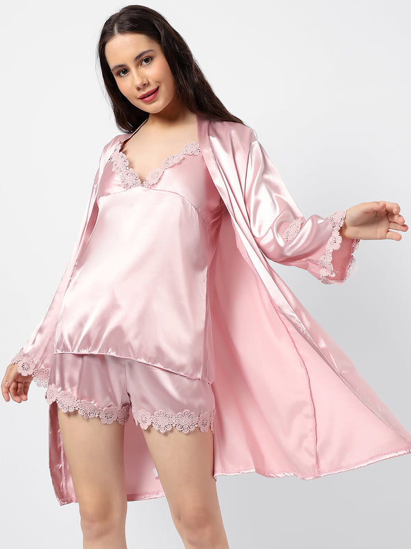 Solid Dress, Top, Short & Coat Satin Night Wear Set