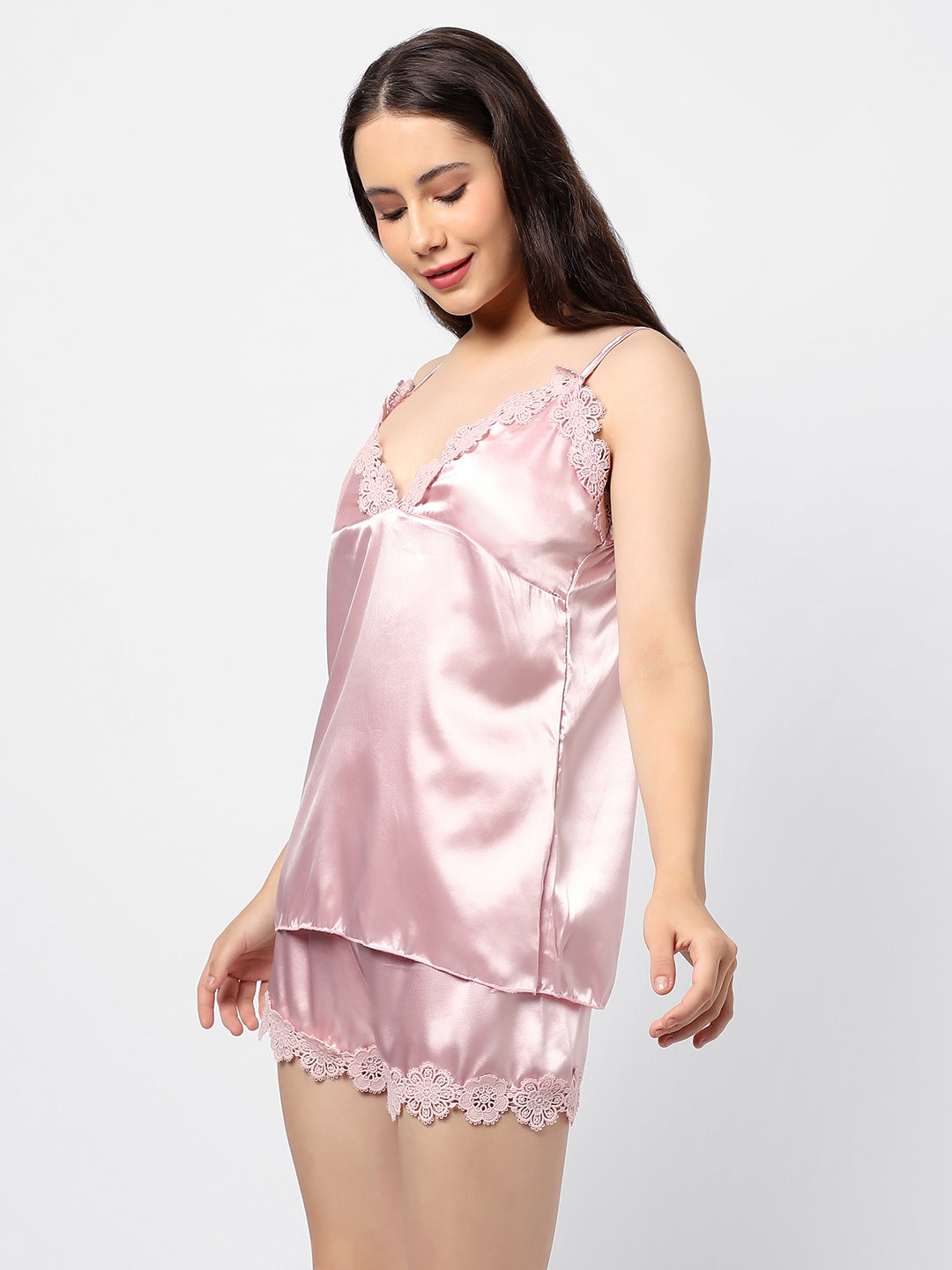 Solid Dress, Top, Short & Coat Satin Night Wear Set