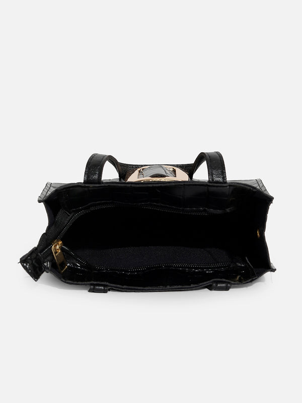 BLACK TEXTURED VEGAN LEATHER SLING BAG