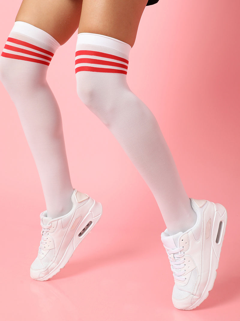 White Stripe Solid Thigh High Stockings