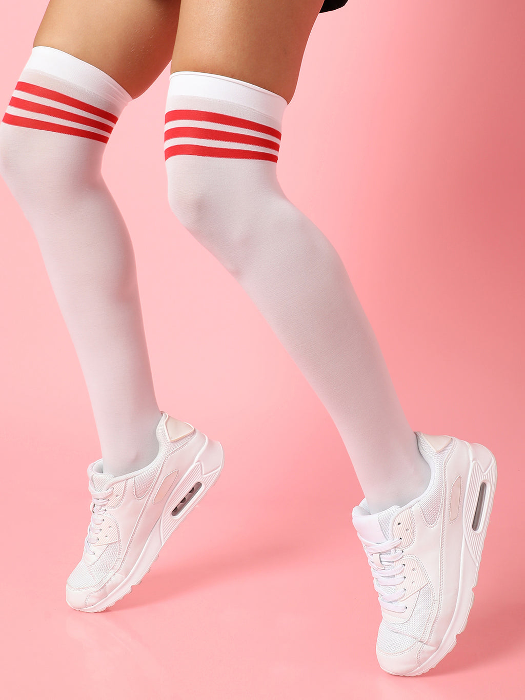White Stripe Solid Thigh High Stockings
