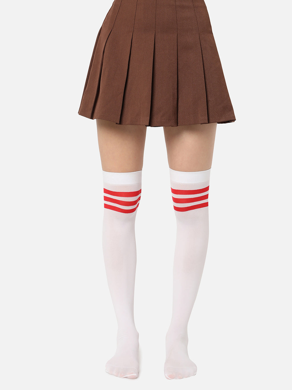 White Stripe Solid Thigh High Stockings