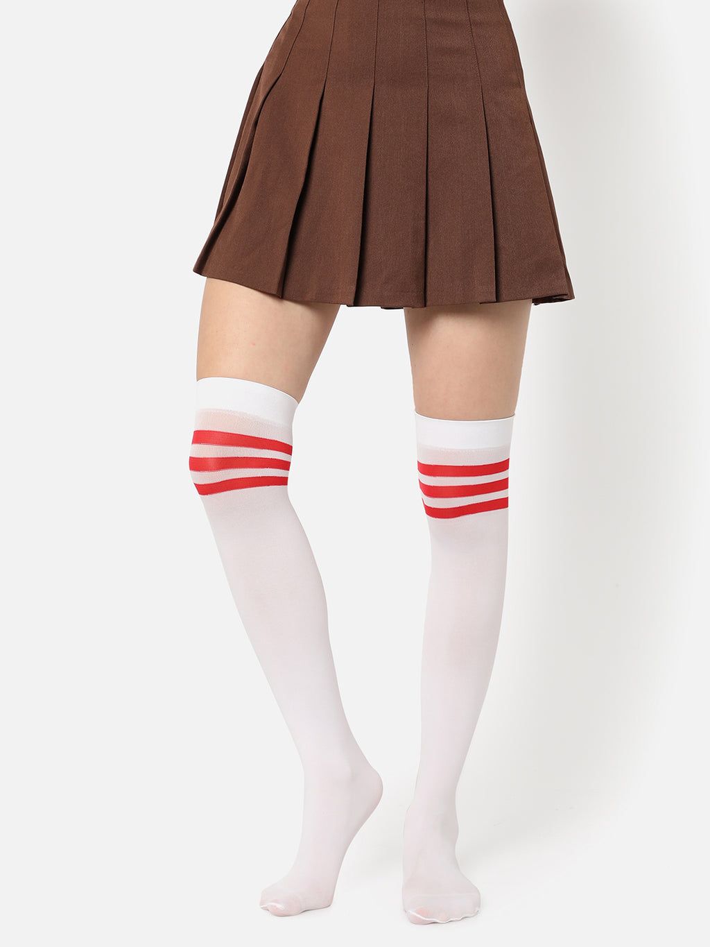 White Stripe Solid Thigh High Stockings