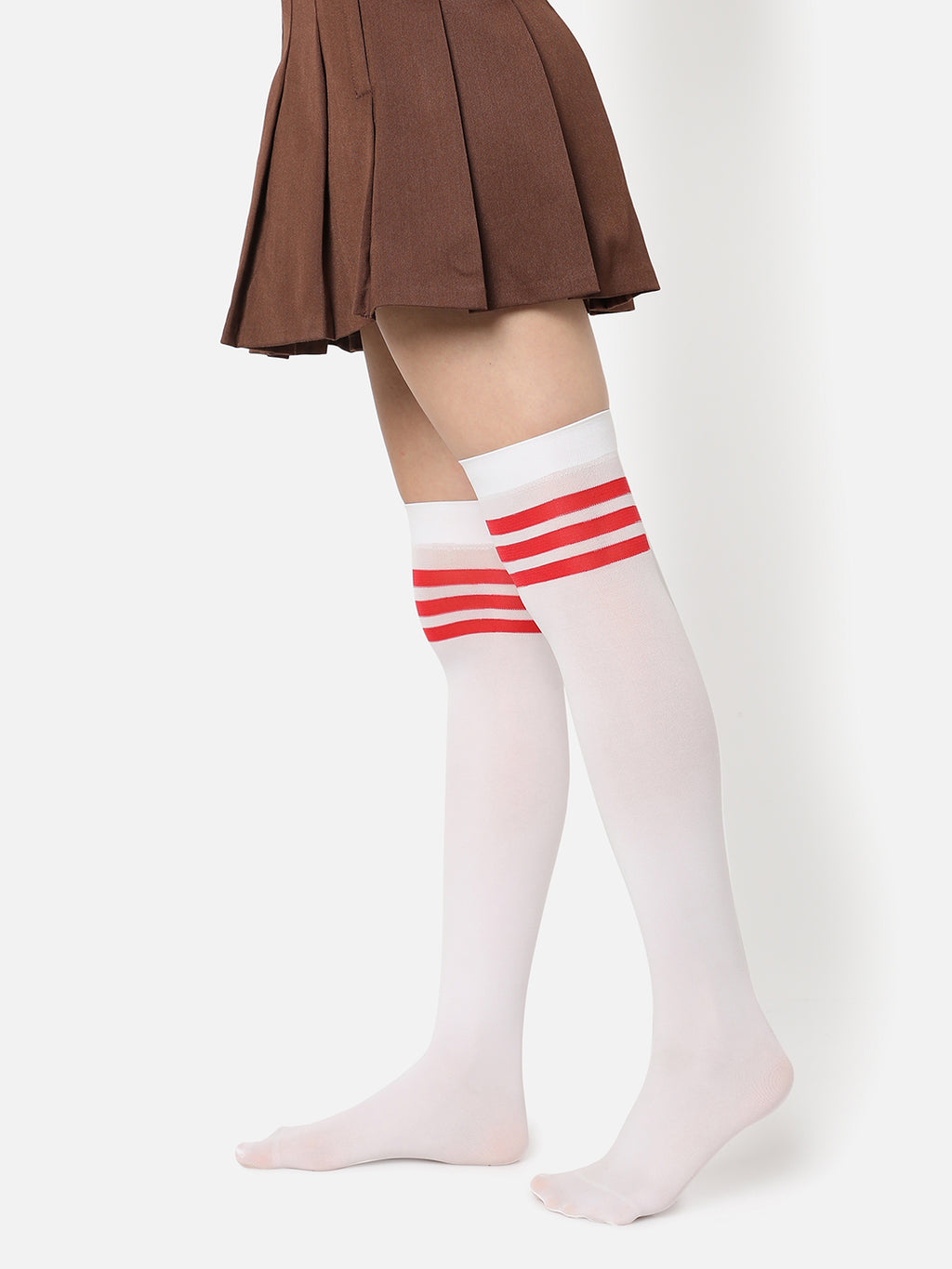 White Stripe Solid Thigh High Stockings