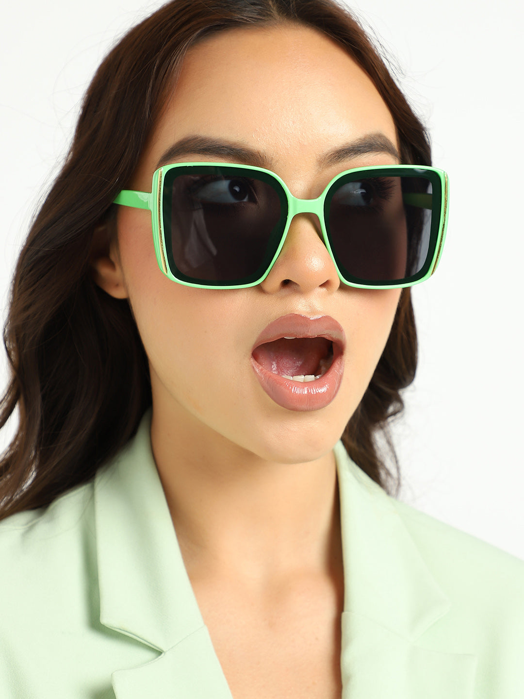 Tinted Black Lens, Green Frame Oversized Sunglass